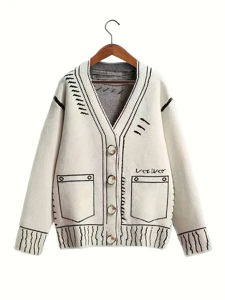 Kardigan damski plus size sweter z odkrytymi ramionami jesień Szaro biały