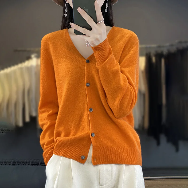Kardigan 100% wełna merynosów damski koreański styl Pomarańczowy
