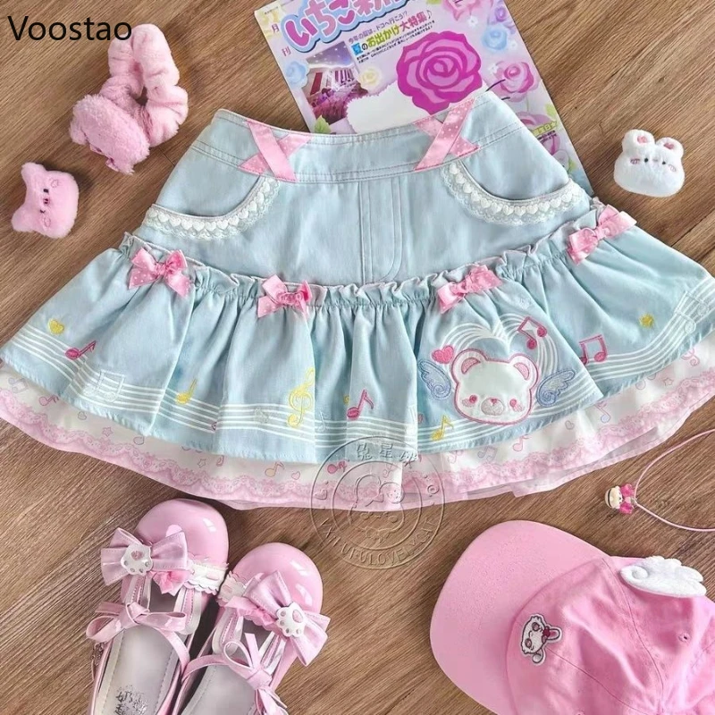 Kawaii komplet Lolita – koszulka z misiem i spódniczka z kokardą Czarny