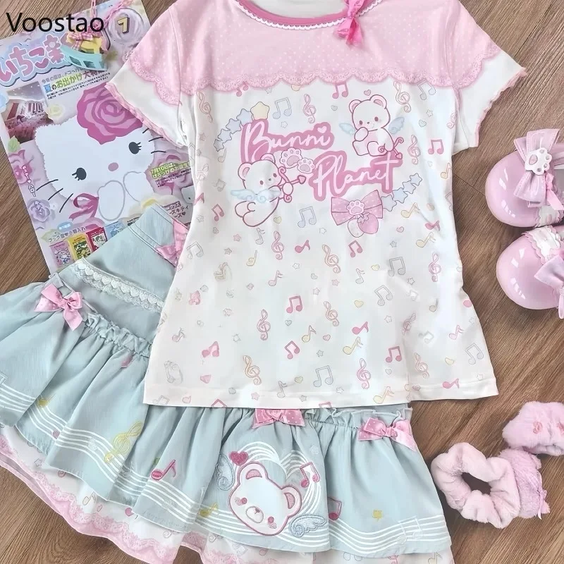 Kawaii komplet Lolita – koszulka z misiem i spódniczka z kokardą Niebieski