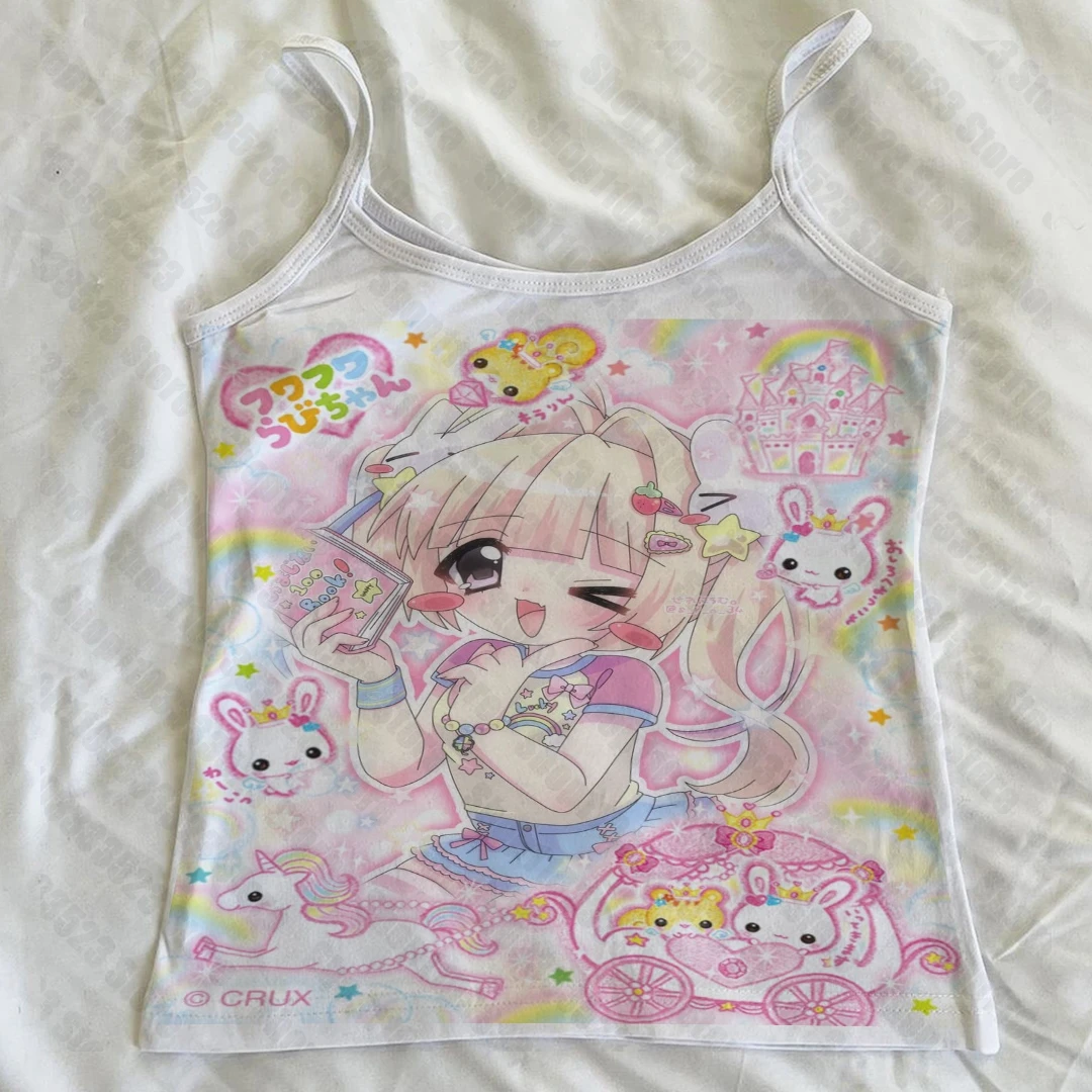 Kawaii tank top Y2K z nadrukiem — letnia kamizelka damska Biały