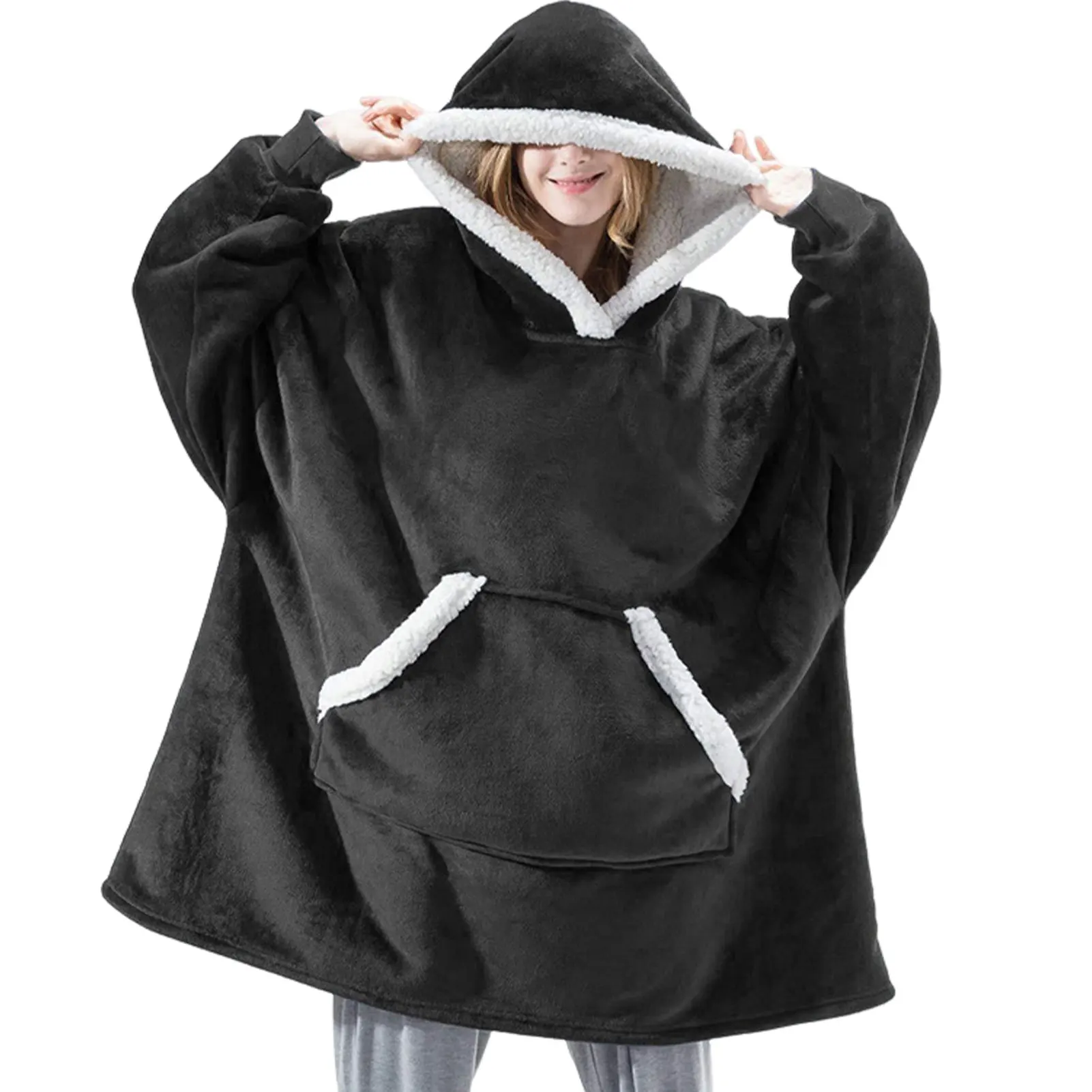 Koc z kapturem damski sherpa flanelowy oversize Beżowy