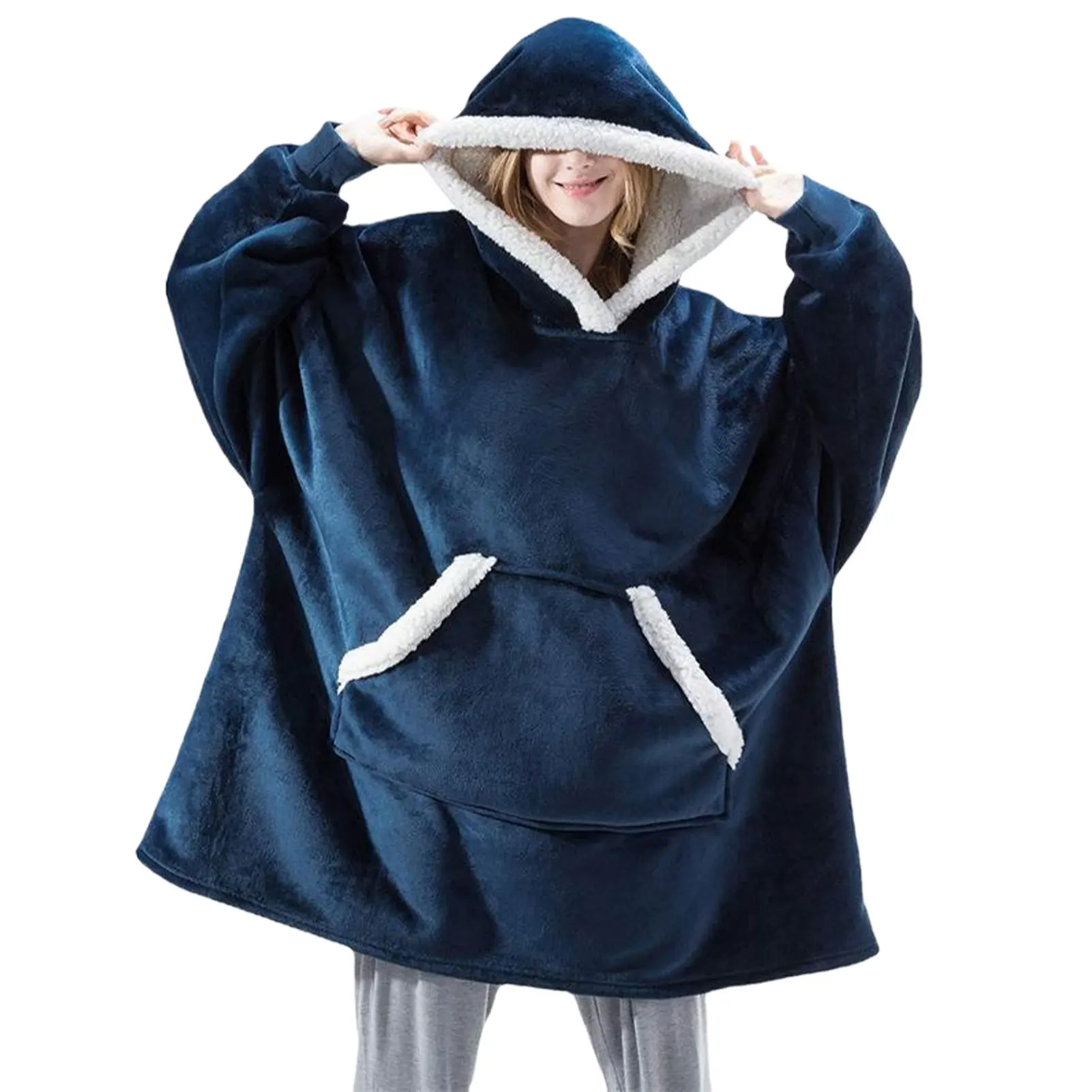 Koc z kapturem damski sherpa flanelowy oversize Błękitny