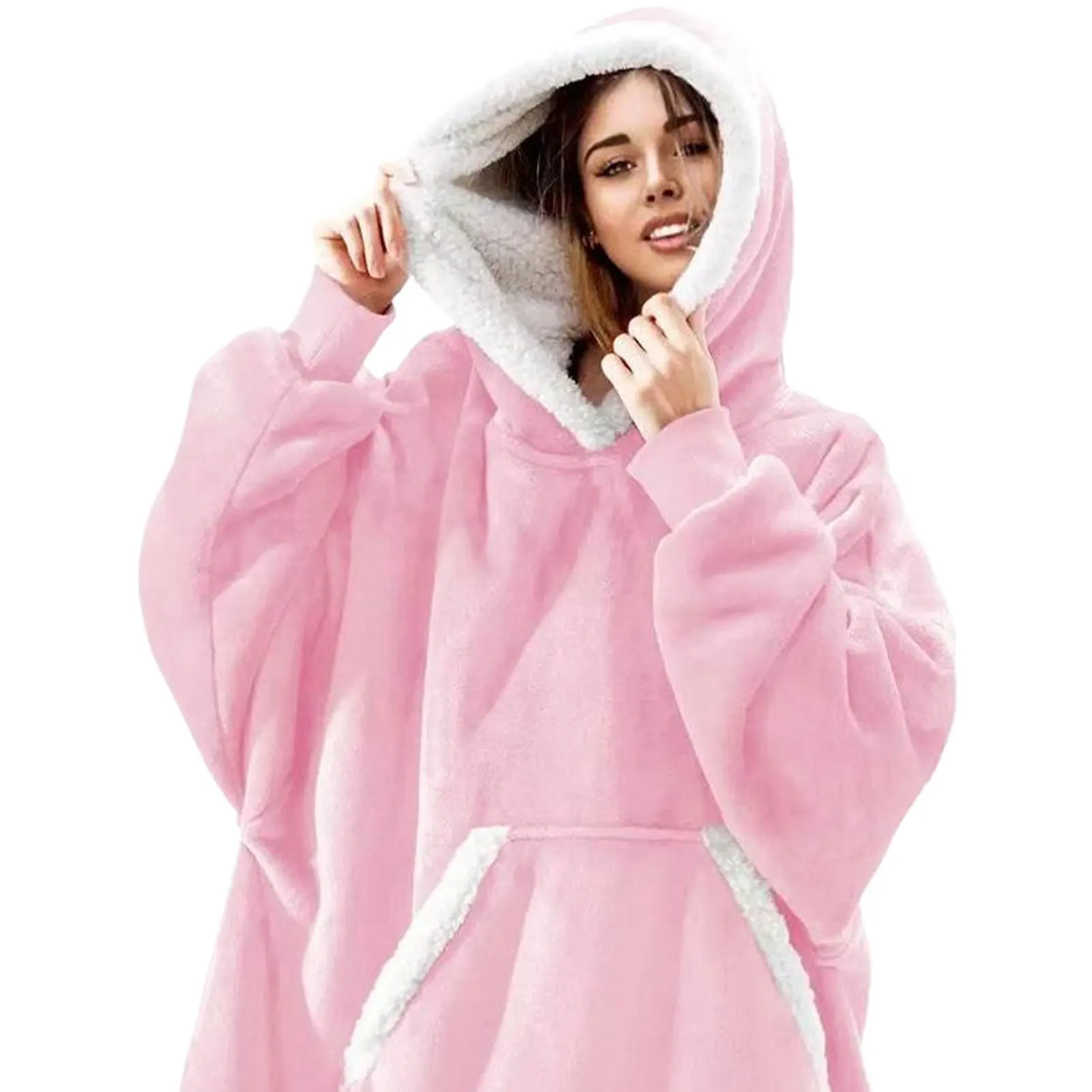 Koc z kapturem damski sherpa flanelowy oversize Brązowy