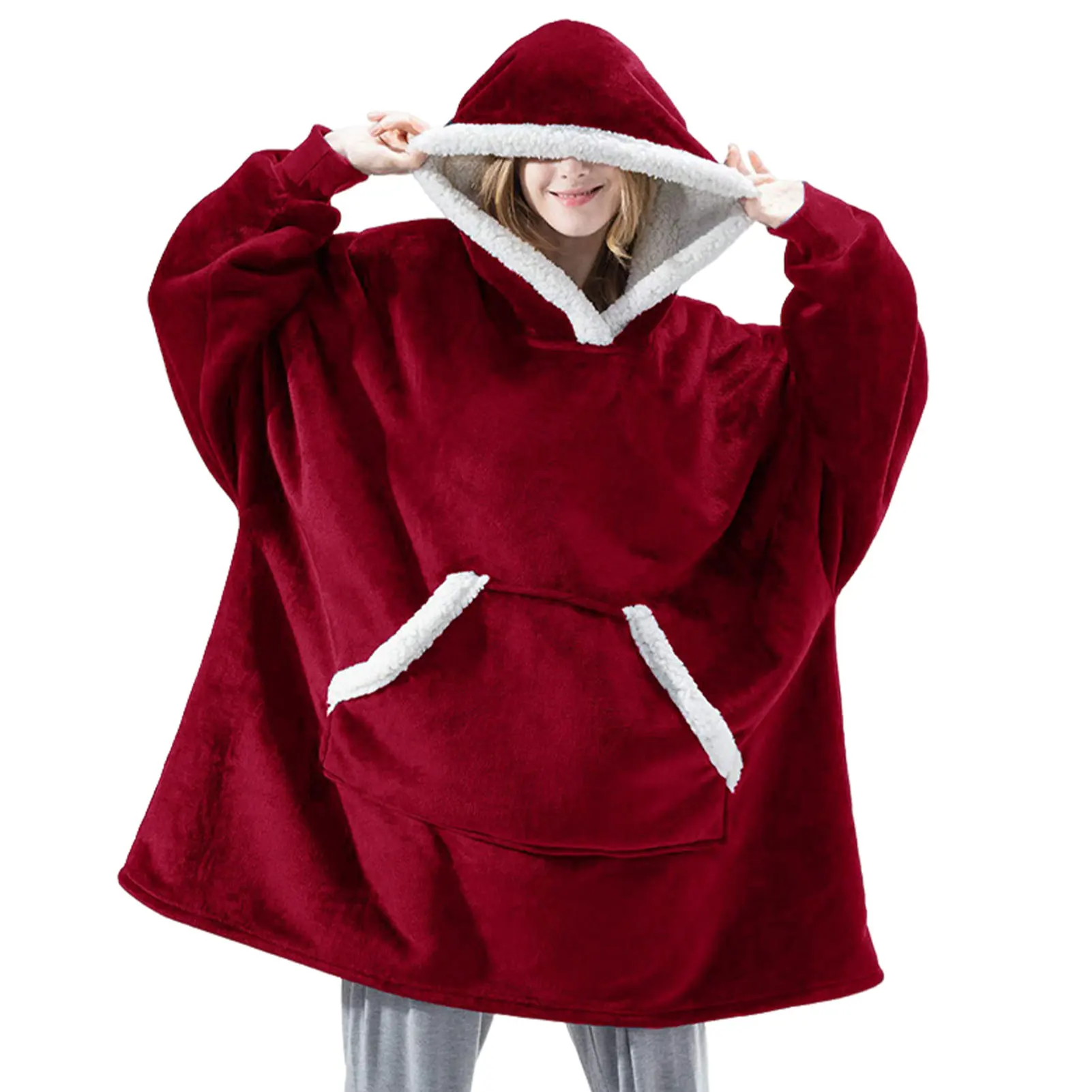 Koc z kapturem damski sherpa flanelowy oversize Czarny