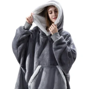 Koc z kapturem damski sherpa flanelowy oversize Niebieski