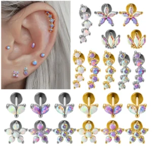 Kolczyk piercing opal kwiat tragus chrząstka stalowy Biały