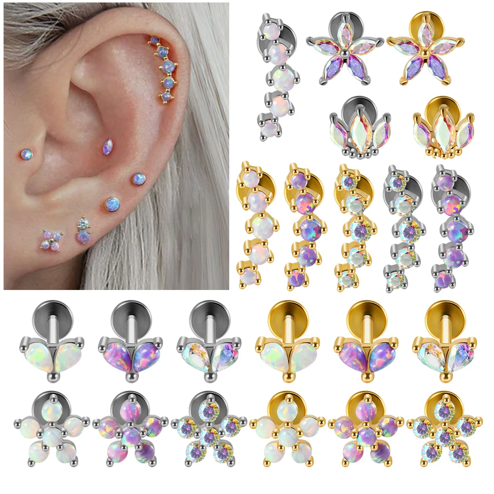 Kolczyk piercing opal kwiat tragus chrząstka stalowy Biały