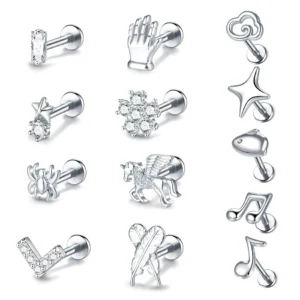Kolczyk do piercingu tragus, daith i helix z cyrkoniowym kwiatem Biały
