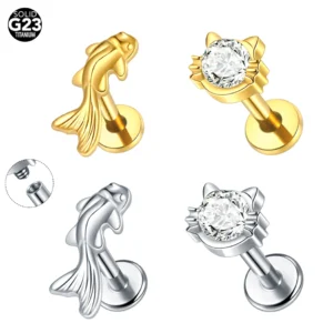 Kolczyk piercing tytanowy 16G z cyrkoniami — helix, tragus, conch Szary