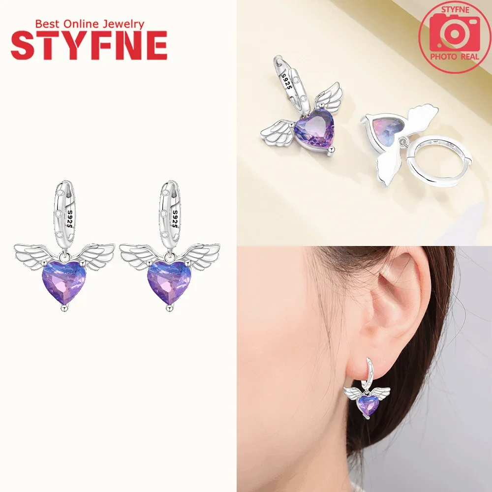 Kolczyki ze srebra próby 925 z motywami serce, motyl, gwiazda Fioletowy