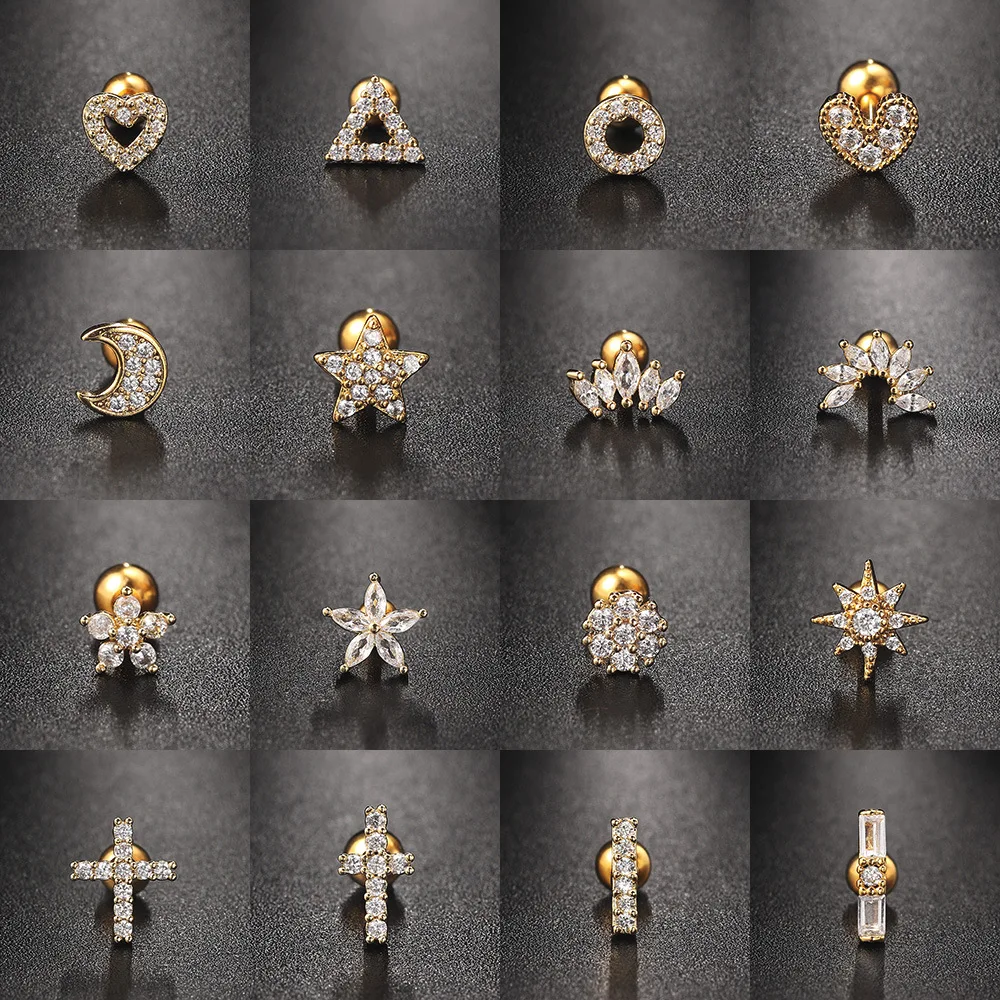 Kolczyki tragus helix piercing kwiat gwiazdka krzyżyk ze stali Biały