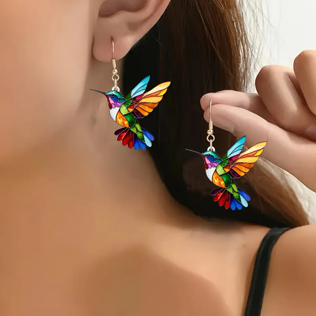 Kolorowe kolczyki z kolibrami – zwierzęta żywe barwy Imitacja rodowana
