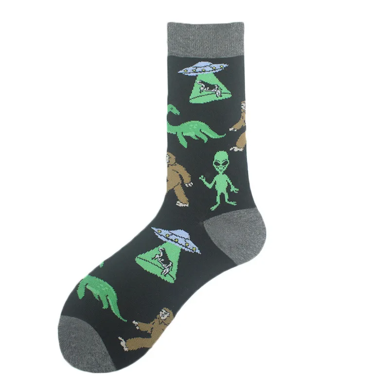 Kolorowe śmieszne skarpetki unisex z wzorami — dinozaury, rekiny, kosmos Zielony