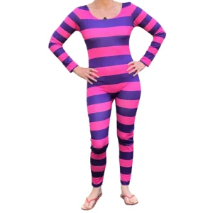 Kombinezon Cheshire Cat w różowo-fioletowe paski na Halloween Błękitny