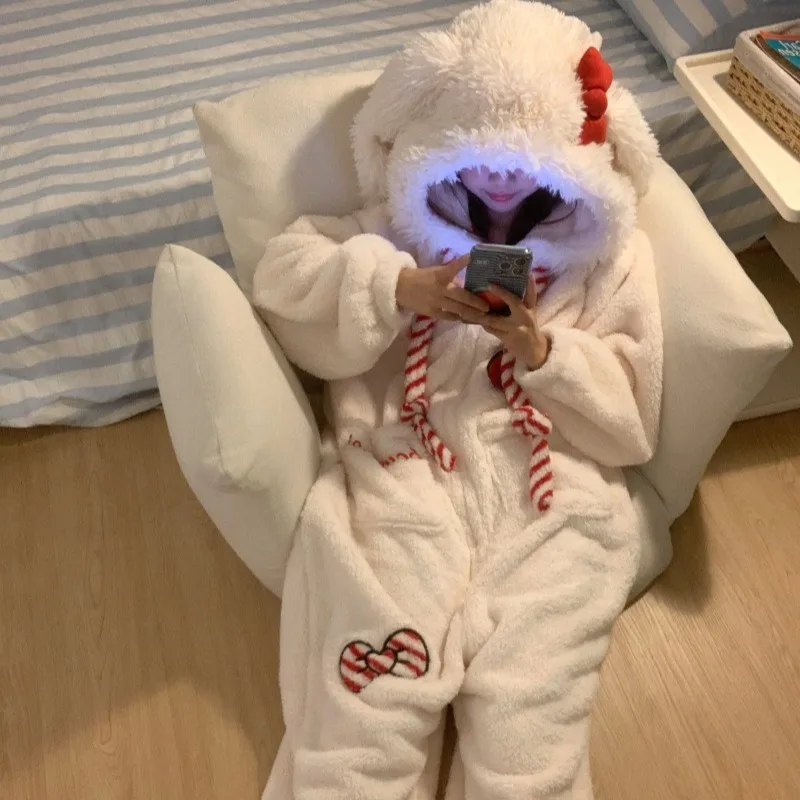Pluszowy kombinezon onesie z króliczkiem na zimę Biały