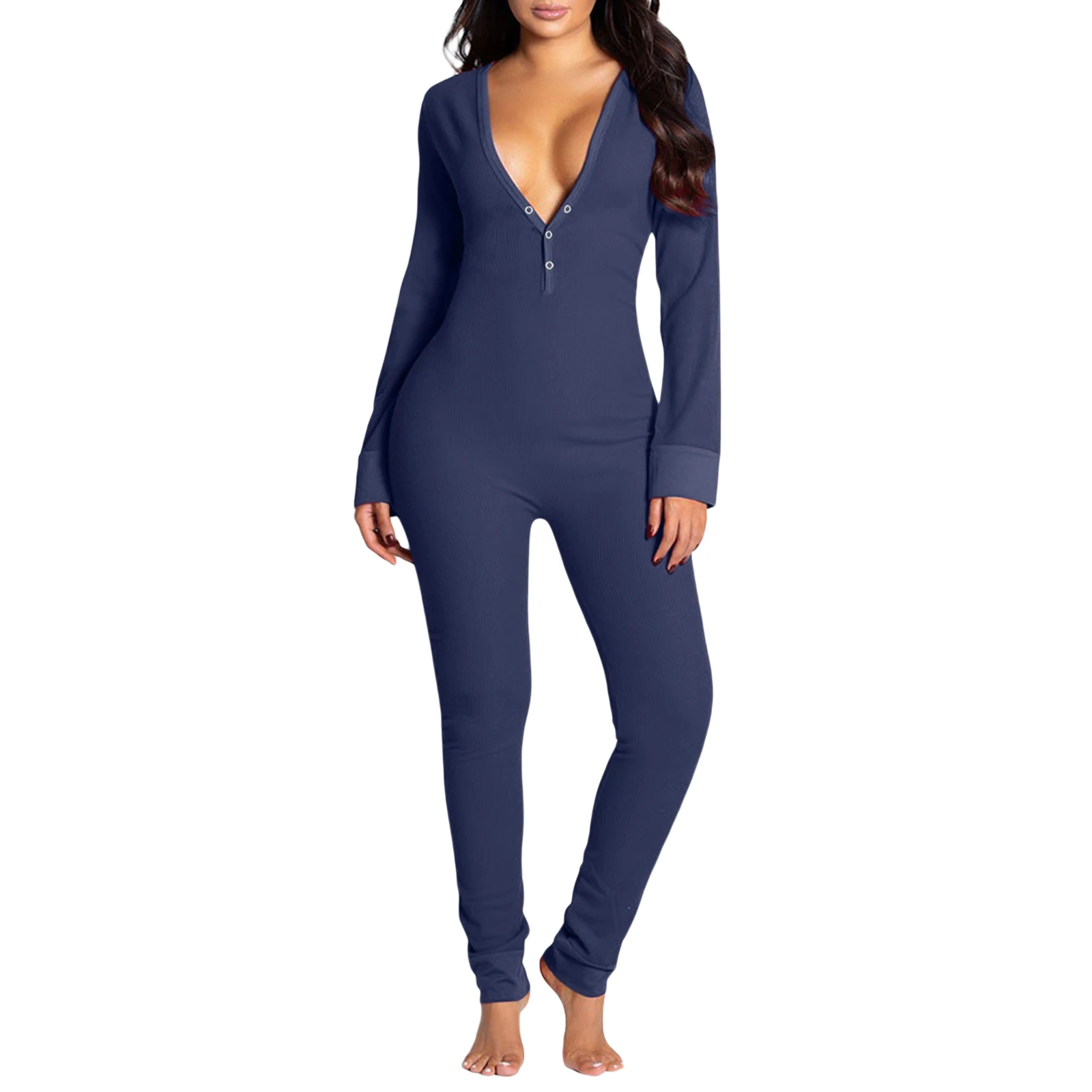 Kombinezon piżama z długim rękawem — dekolt V i odpinane krocze Ciemnoszary