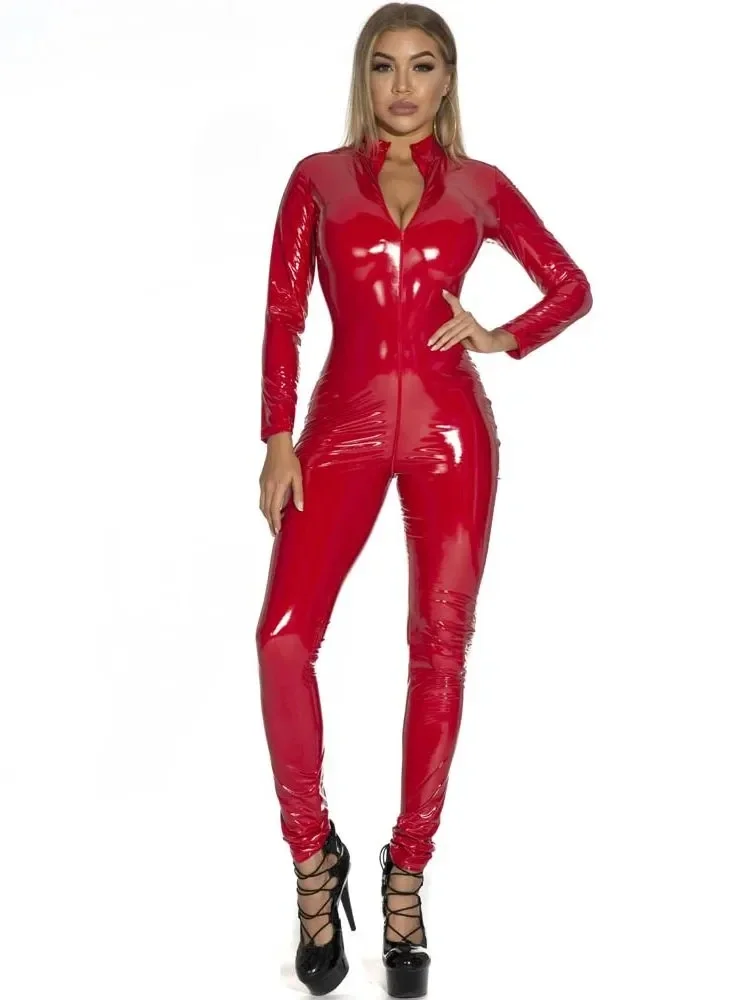 Kombinezon PVC z zamkiem błyskawicznym w stylu catsuit Czerwony