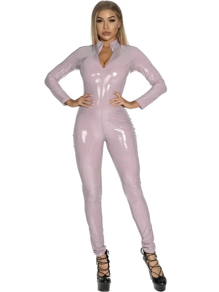 Kombinezon PVC z zamkiem błyskawicznym w stylu catsuit Różowy