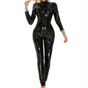 Błyszczący kombinezon z PVC wet look z zamkiem Czarny
