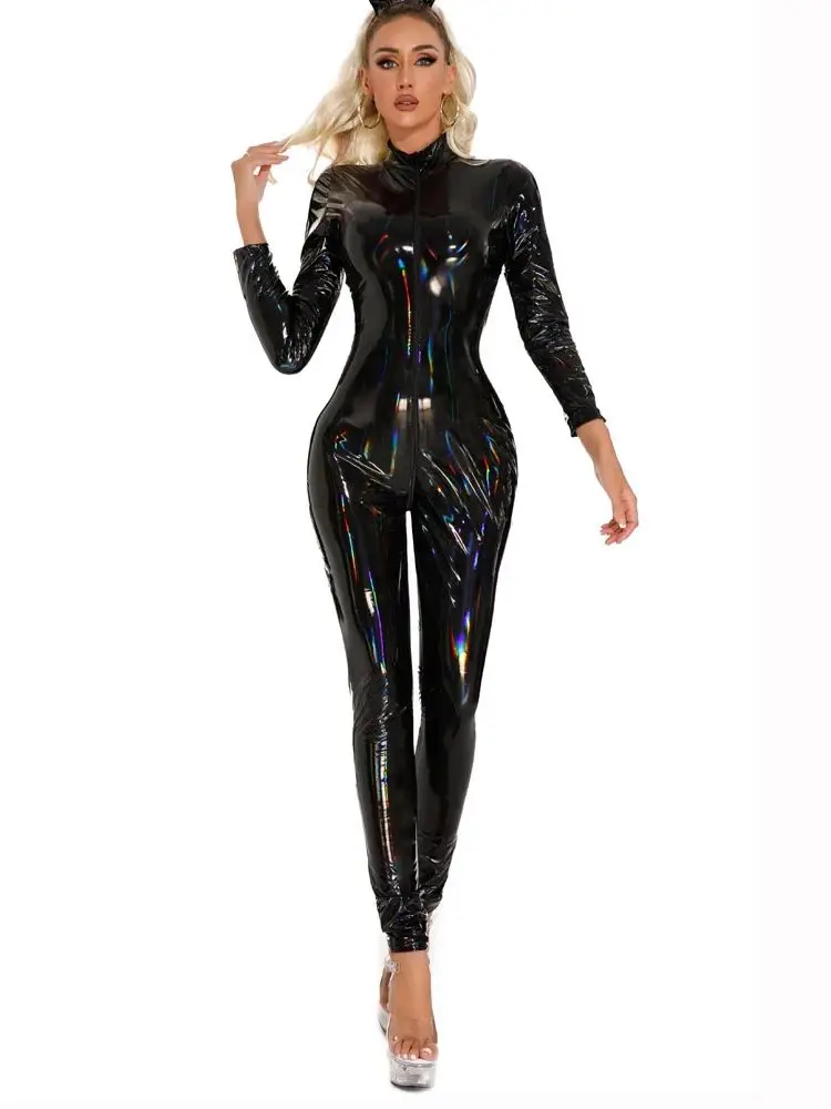 Błyszczący kombinezon z PVC wet look z zamkiem Czarny