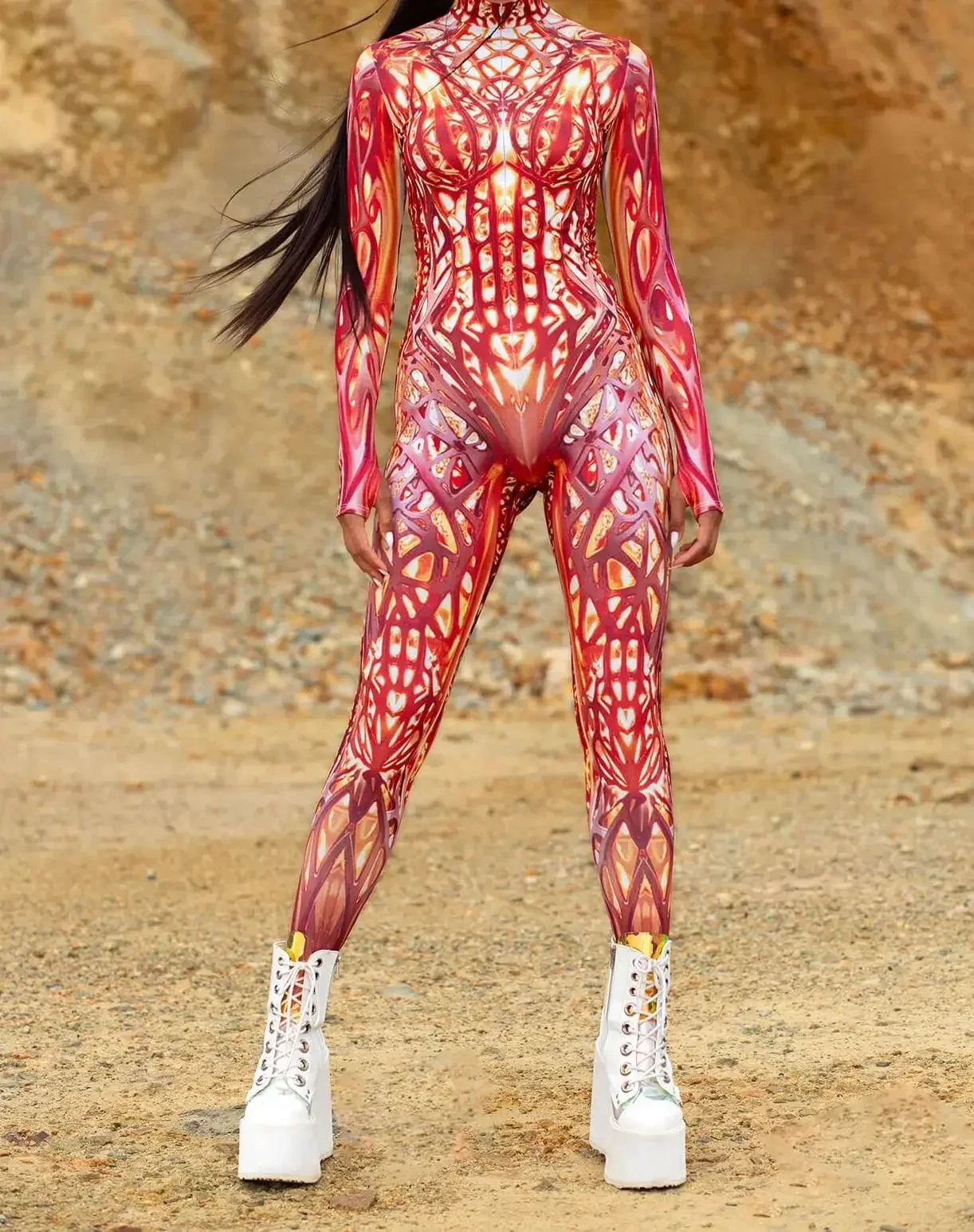 Kombinezon z siateczki catsuit damski na festiwal i rave Armijna zieleń
