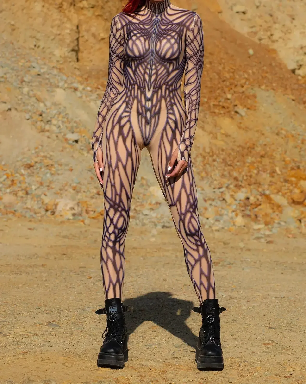 Kombinezon z siateczki catsuit damski na festiwal i rave Ciemnoszary