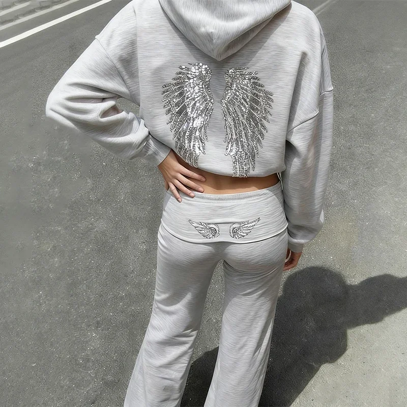 Komplet damski bluza na zamek i spodnie ze skrzydłami vintage Beżowy
