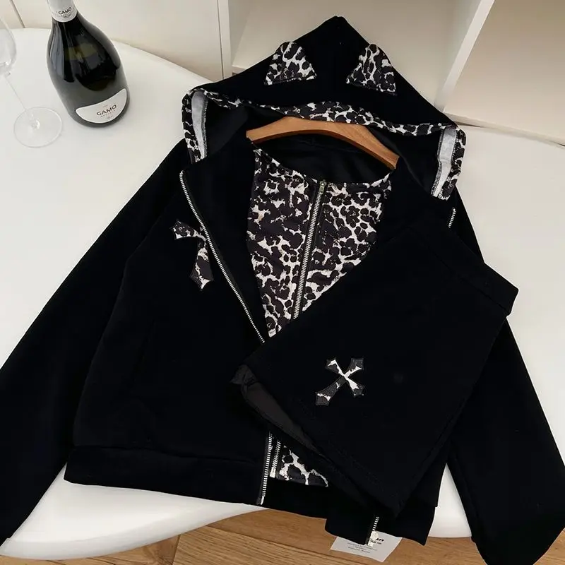 Komplet dresowy damski Y2k bluza i spodnie patchwork z zamkiem Brązowy