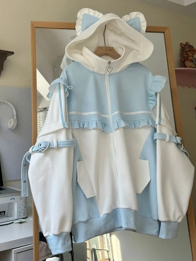 Komplet dresowy damski Y2k bluza i spodnie patchwork z zamkiem Różowy