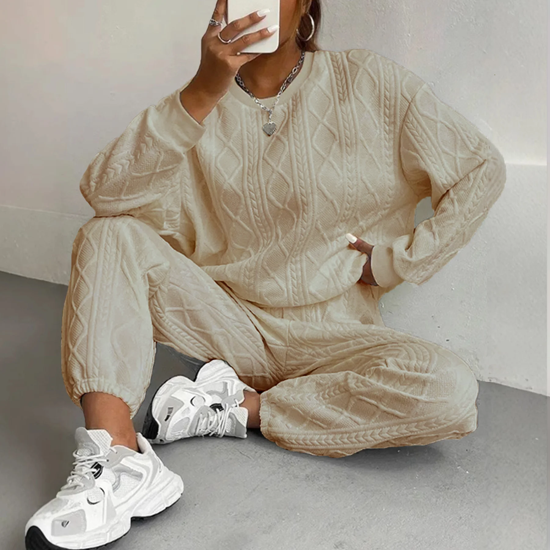 Komplet dresowy Y2K — bluza z okrągłym dekoltem i spodnie Khaki