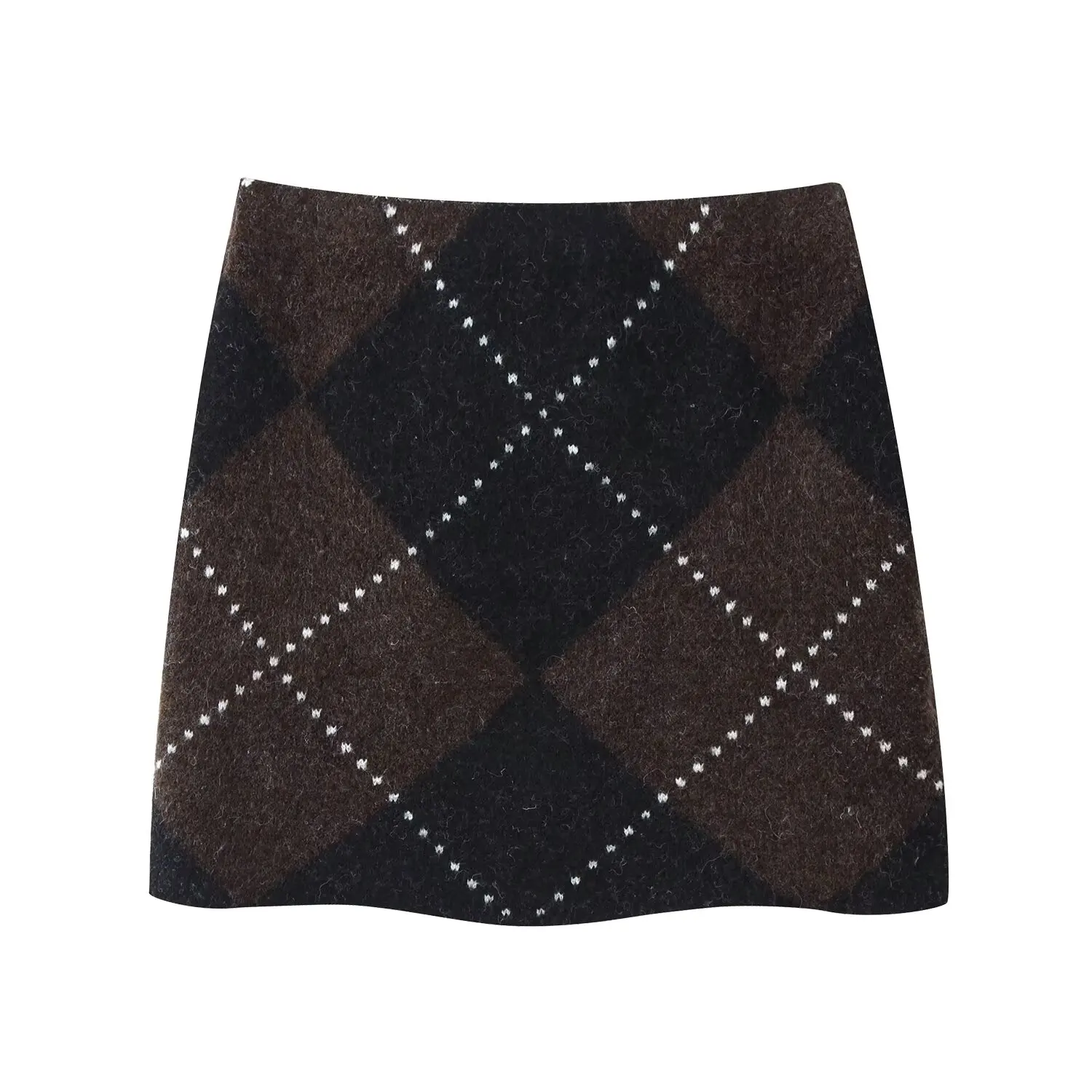 Komplet dzianinowy damski sweter kardigan i mini spódniczka Brązowy