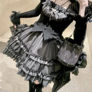 Komplet gotic lolita: top i puszysta spódnica w paski Czarny