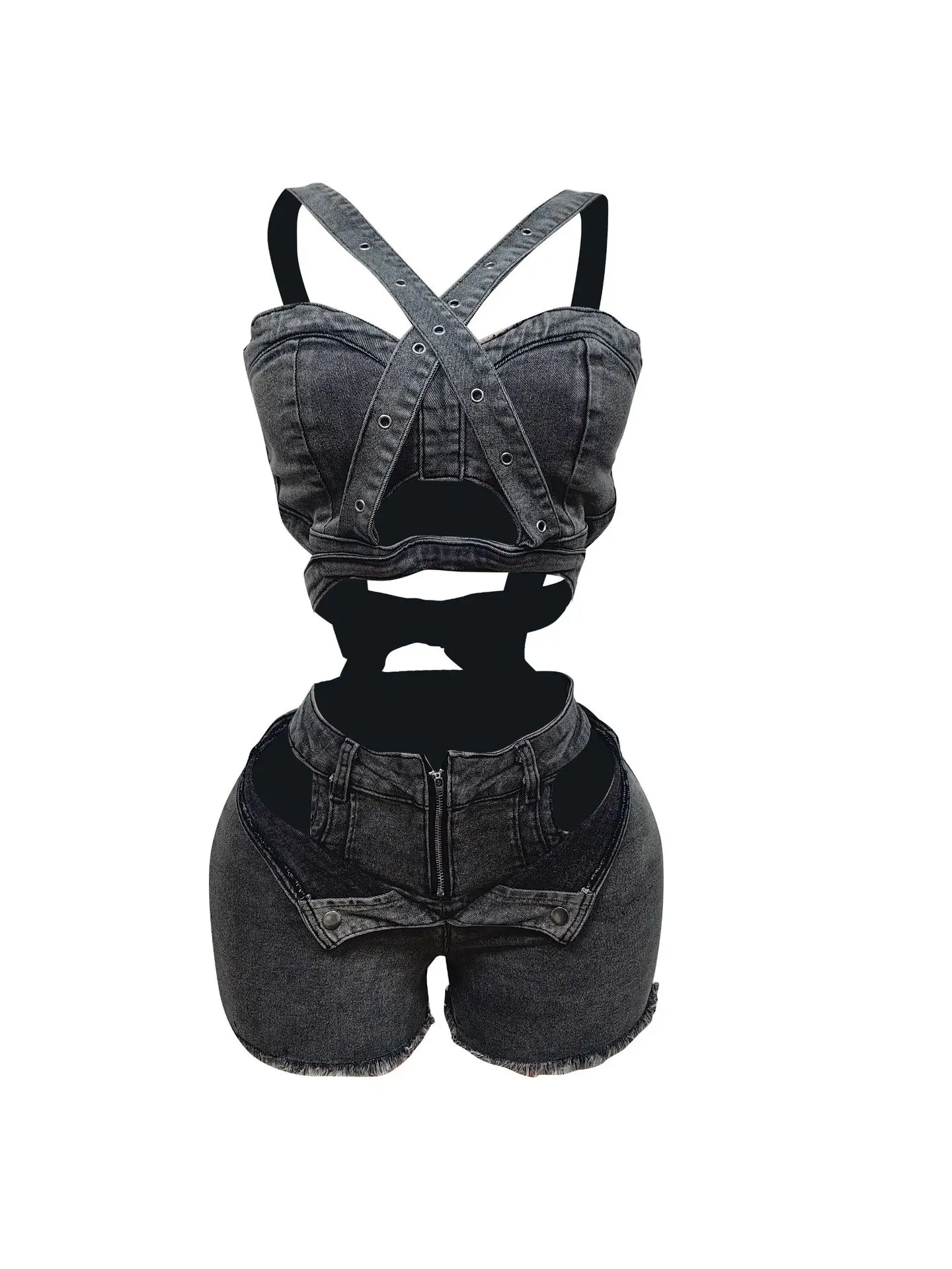 Komplet jeansowy damski halter i szorty z dziurami letni Czarny