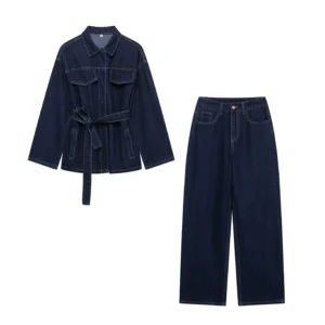 Damski komplet jeansowy z kurtką i spodniami w stylu vintage Królewski niebieski