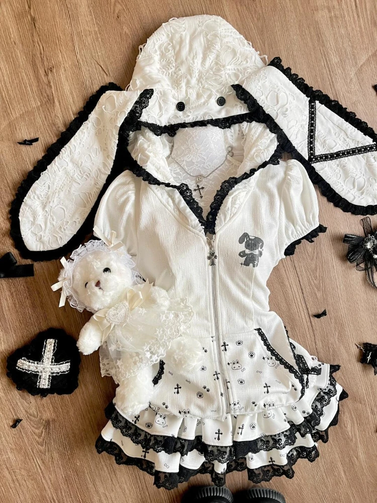 Komplet 2-częściowy kawaii JK bluza z kapturem i spódnica z koronką Beżowy