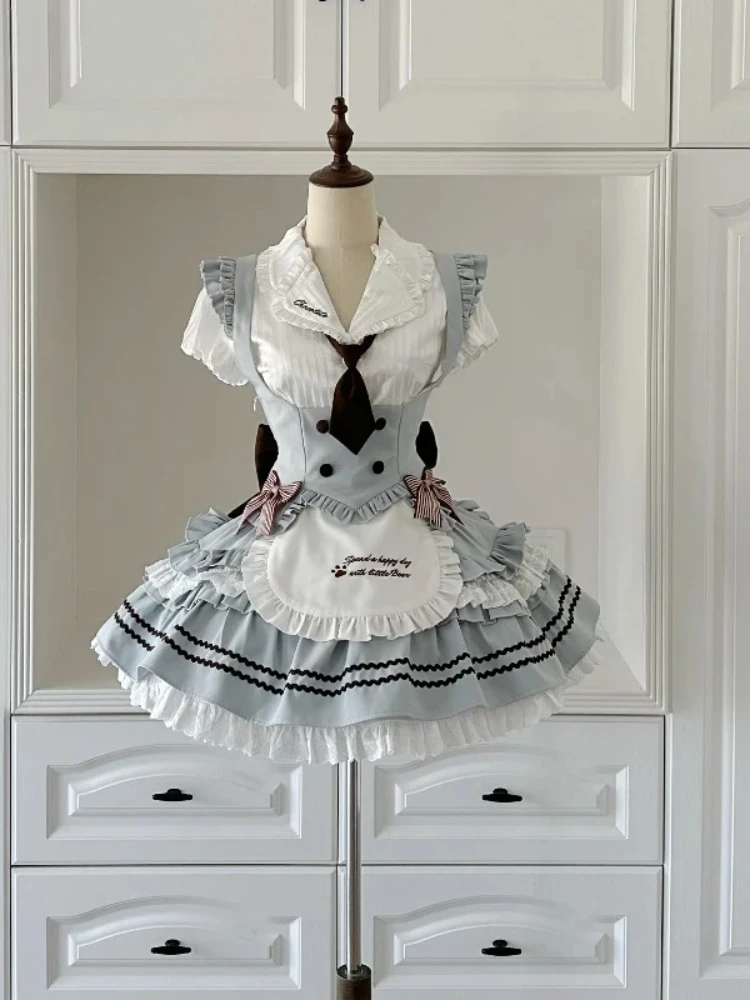 Komplet Lolita gorset koronkowy i puszysta spódnica retro Niebieski