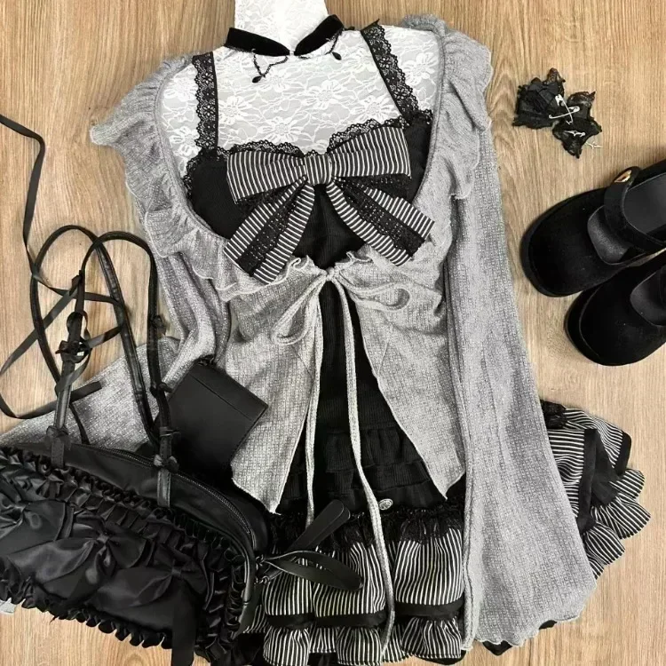 Zestaw 3-częściowy Lolita: kardigan z wiązaniem, gorset i spódnica Beżowy