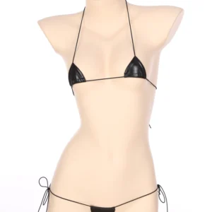 Komplet mikrobikini Wet Look ze skóry lakierowanej Czarny