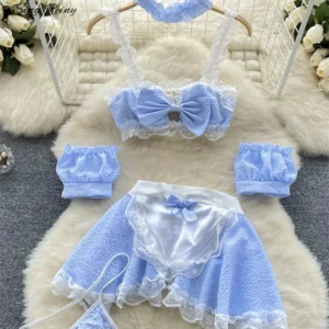 Koronkowy komplet pokojówki w kratę przebranie cosplay Czarny