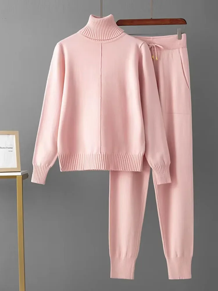 Komplet sweter golf i spodnie haremowe w jednym kolorze Brązowy