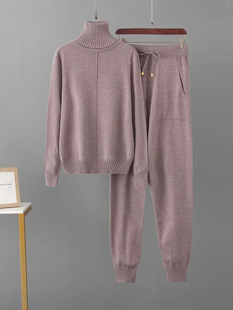 Komplet sweter golf i spodnie haremowe w jednym kolorze Królewski niebieski