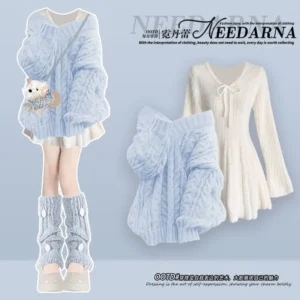 Komplet sweter i mini sukienka dzianinowy francuski Plus Size Niebieski