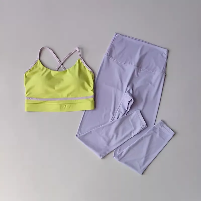Komplet treningowy do jogi — legginsy z wysokim stanem i biustonosz sportowy Żółty