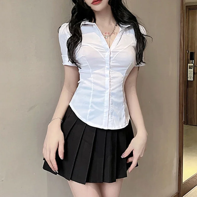 Koreańska bluzka koszulowa slim fit z kołnierzykiem Biały