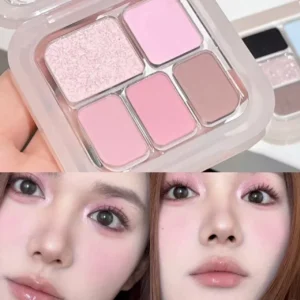 Koreańska paleta 5 cieni do powiek i różu — odcienie nude i szarości Błękitny