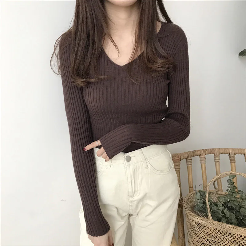 Koreański sweter damski z dekoltem w serek pullover Brązowy