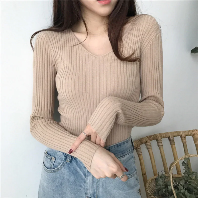 Koreański sweter damski z dekoltem w serek pullover Khaki