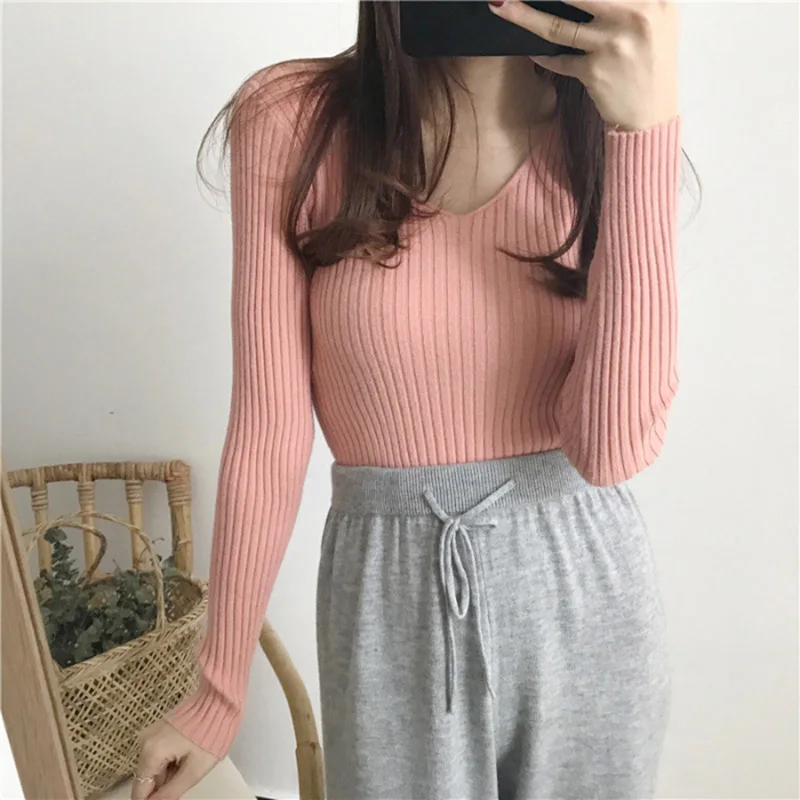 Koreański sweter damski z dekoltem w serek pullover Różowy