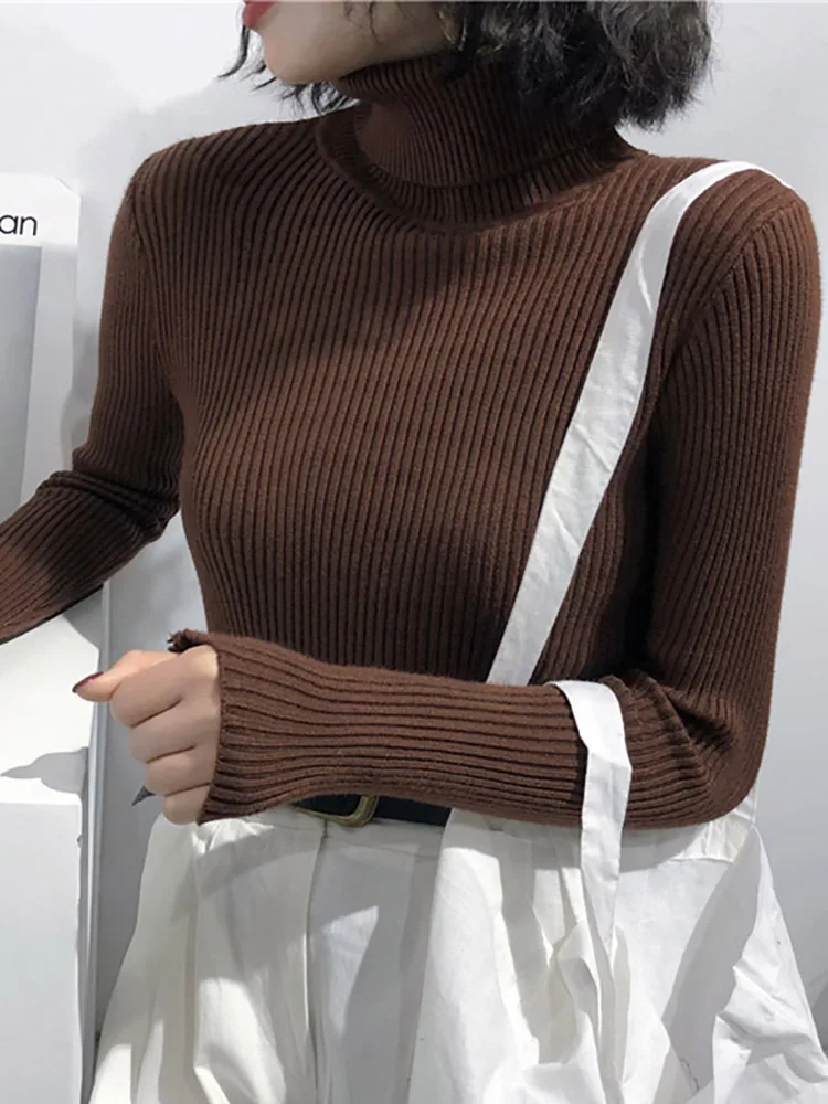 Koreański sweter z golfem dopasowany damski dzianinowy Brązowy